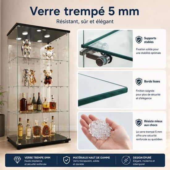 Vitrine en Verre Led, Vitrine de collection avec serrure, 2 portes 4
