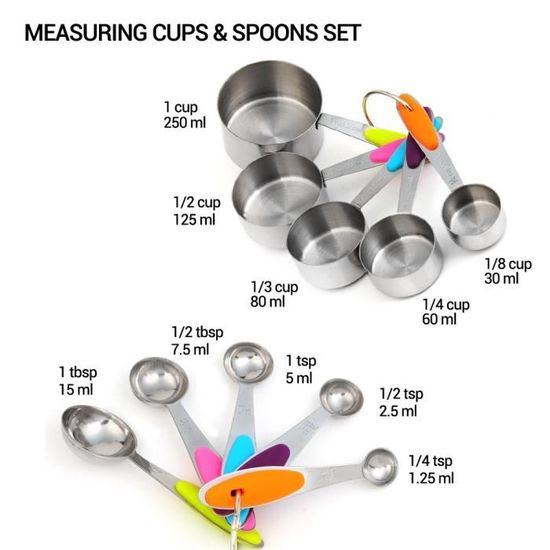 Silicone Souple Grip Measuring Tasses et cuillères-Lot de 10-Acier inoxydable