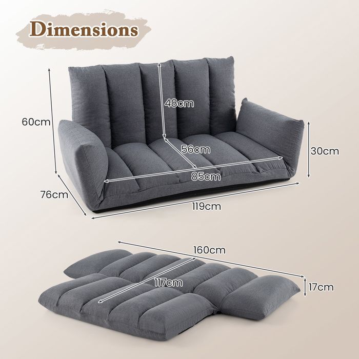 COSTWAY Canapé-Lit Paresseux Pliable Velours Gris Foncé - Convertible 3 En 1 Avec Dossier 6 Positions