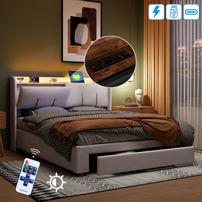 Lit Coffre 160x200 Cm - USB Et Type C - Lit Double Pour 2 Personnes - Sommier à Lattes - Tissu Lin Beige