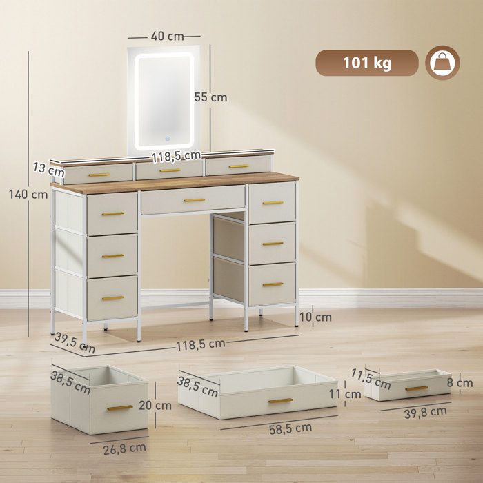 HOMCOM Coiffeuse De Maquillage Moderne Avec Miroir Et Lumières, Grand Miroir éclairé, 7 Tiroirs Et 14 Lumières LED Pour Chambre à Coucher, Blanc