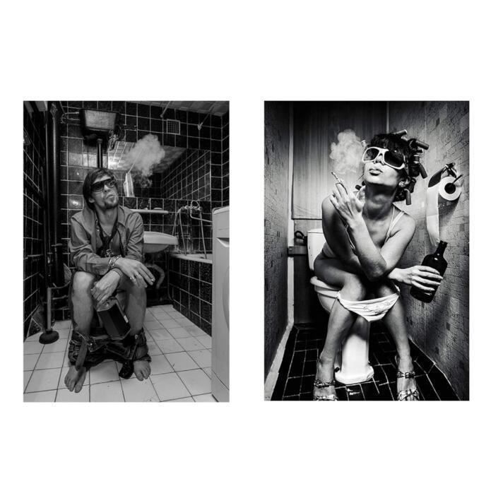 Mode Pop Art Sexy Toilette Femme Impression sur Toile Moderne Bar Pub Peinture Fille Fumer et Boire Mur Photo Décor À La Maison Affiches 50x70 cmx2 sans Cadre