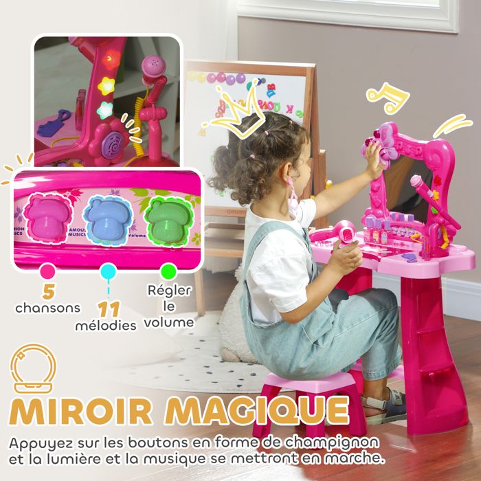Coiffeuse Enfant AIYAPLAY Avec Miroir Et Tabouret – Rose, Lumière Incluse Et 15 Accessoires – Station Maquillage Ludique