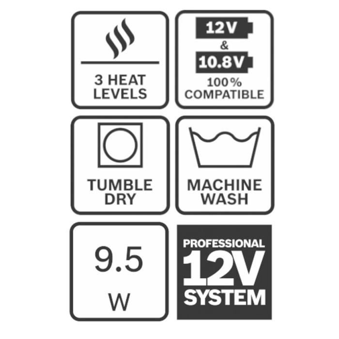 Veste chauffante Bosch GHJ 12 + 18V XA : adaptateur de batterie, chargeur,  1x