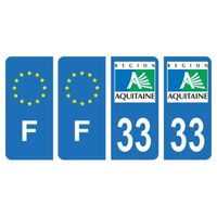 Lot 4 Autocollants plaque d'immatriculation voiture département 33 Gironde Région Aquitaine & F France Europe
