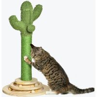 Griffoir chat design cactus - jouet pompon suspendu, jouet boules - bois de pin sisal vert