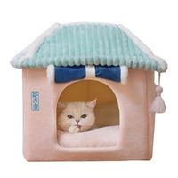 Pwshymi lit de grotte pour chat Lit de maison pour chat, coussin amovible chaud et doux, forme animalerie parc Rideau Bleu Marine