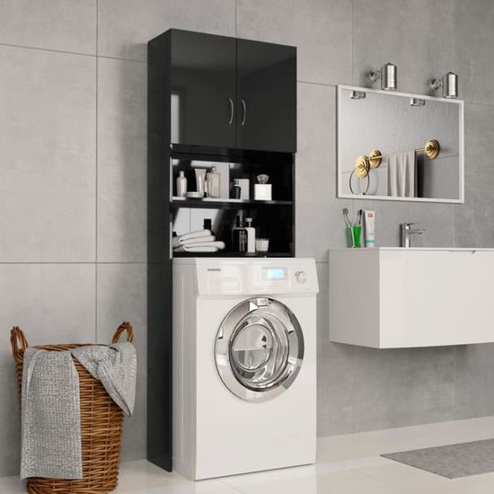 🐳7563 Meuble pour machine à laver-Meuble de salle de bain Armoire de rangement Meuble lavabo Meuble WC - Noir brillant 64 x 25,5 x
