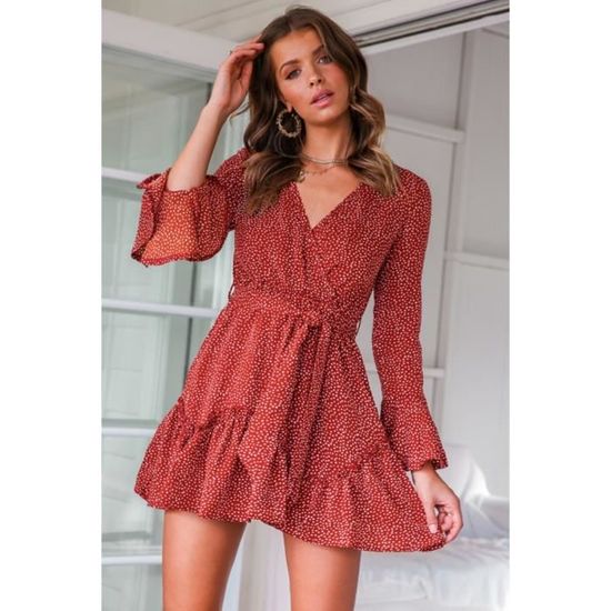 Robe courte transparente a manches longues avec ceinture pour femmes Type Rouge Blanc Cdiscount Pret a Porter