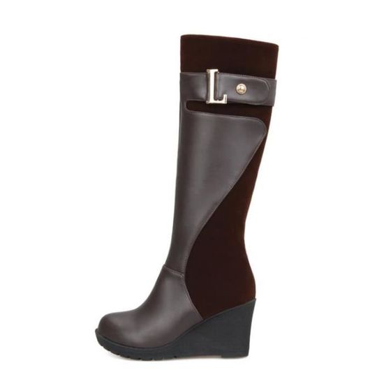 Bottes longues compensées d'hiver pour femmes - OS - bout rond - marron