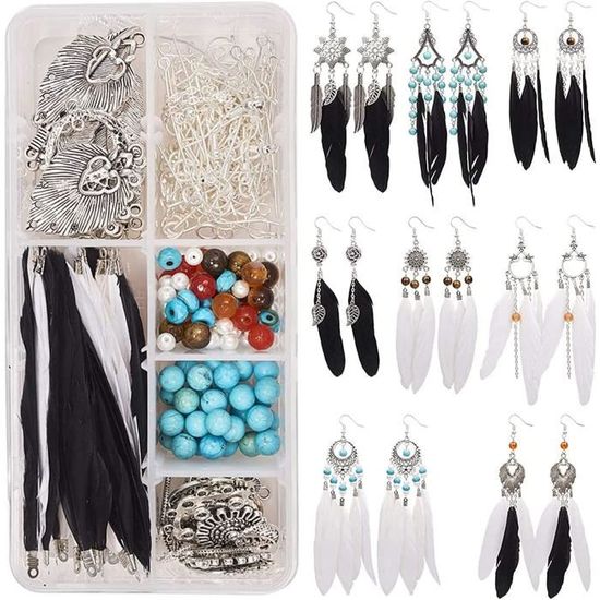 SUNNYCLUE 1 Boîte DIY 8 Paires Bohême Longues Plumes Naturelles Dangle