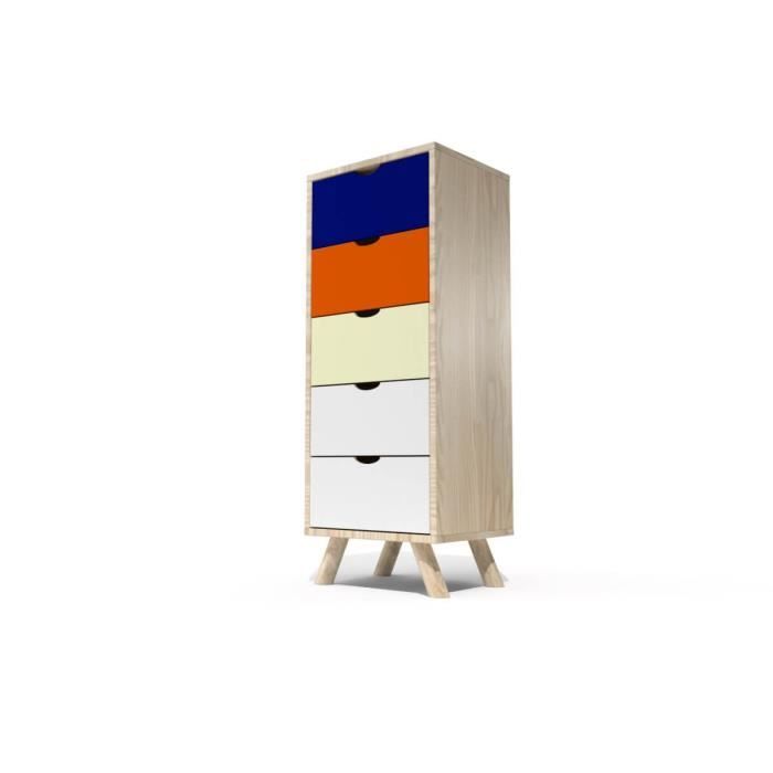 Chiffonnier 5 tiroirs Viking Scandinave bois (Bleu pétrole, Orange, Ivoire, Blanc)