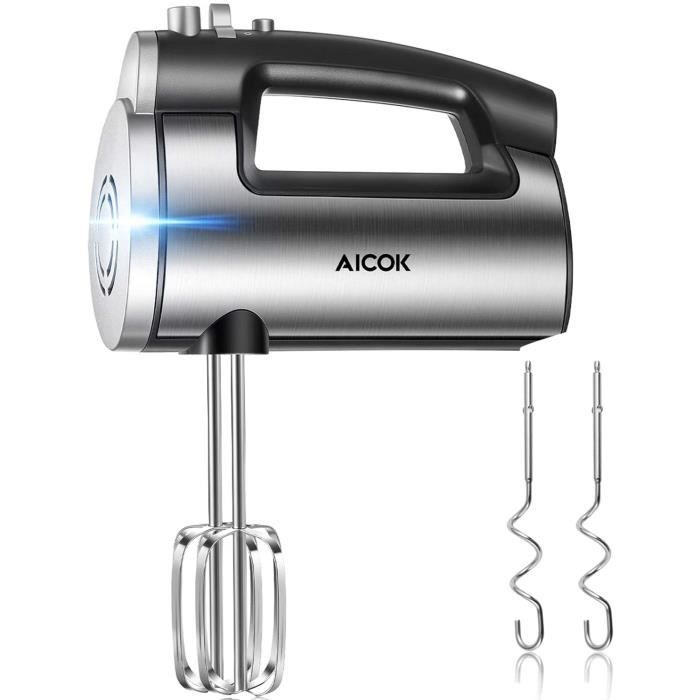 AICOK Batteur Fouet Electrique - 6 vitesses etTurbo - 300W - 2 Fouets et 2 Crochets à Pâte - Acier Inox