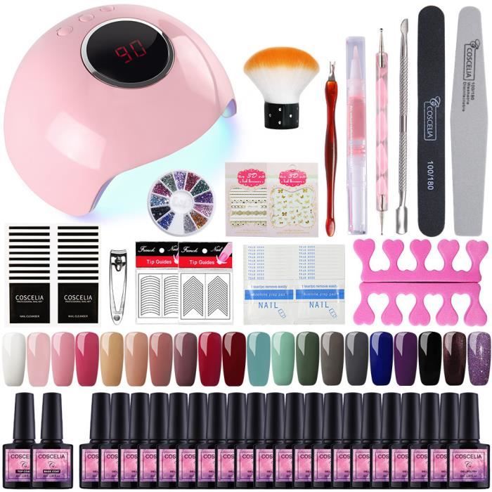 Coscelia Kit Manucure 24W UV/LED Lampe 20pc Vernis Gel Semi Permanent à Ongle Topcoat Basecoat Nail Art Gel Limes Accessoires Outils
