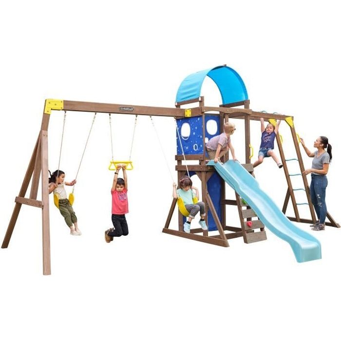KIDKRAFT - Aire de jeux portique en bois Overlook Challenge avec balançoires, trapèze, toboggan et monkey bar
