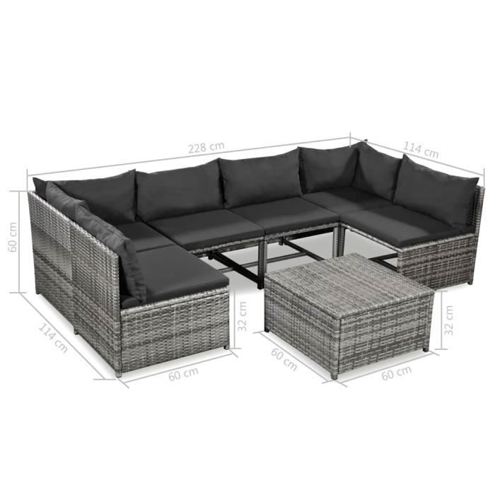 Jeu de canapé de jardin 21 pcs Salon de Jardin Résine Tressée pour patio gris avec coussin : gris foncé