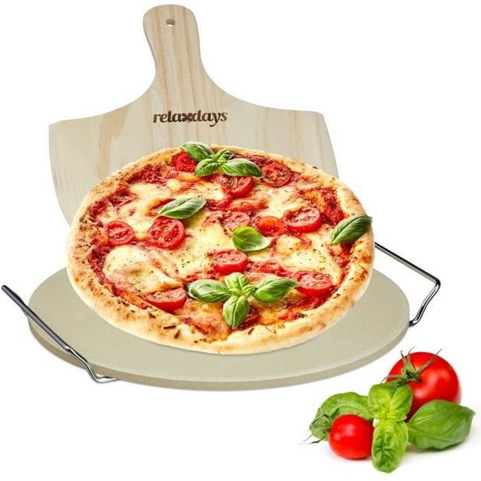 Relaxdays Pierre à pizza ronde 1 cm avec support en métal pierre à pain cuisson four pelle à pizza bois spatule HxlxP: 4 x 32 x 32