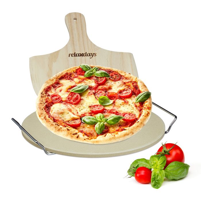 Relaxdays Pierre à pizza ronde 1 cm avec support en métal pierre à pain cuisson four pelle à pizza bois spatule HxlxP: 4 x 32 x 32