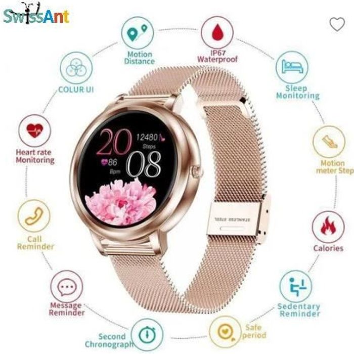 Montre Connectée Femme Rose Or,Smartwatch Bluetooth Ecran Tactile Etanche avec Moniteur de Pression Artérielle Fréquence Cadeau