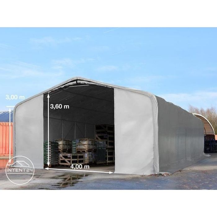 Hangar abri 8x12 m, porte 4,0x3,6 m, gris, toile PVC d'env. 550 g/m²