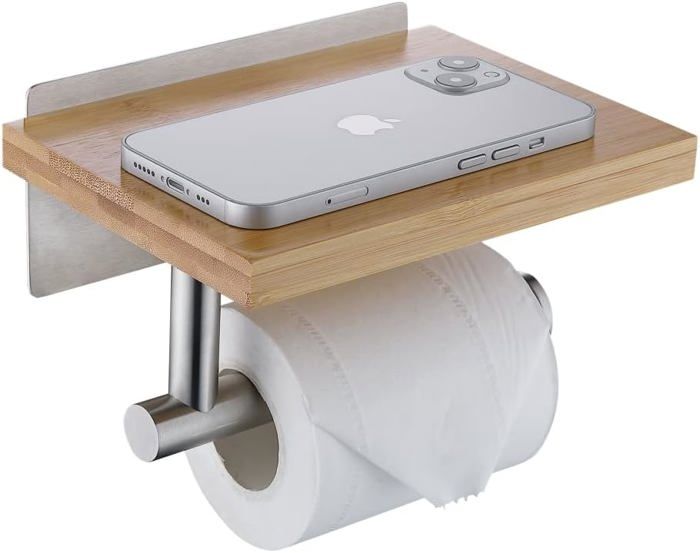 Porte-Papier Toilette Avec Étagère - En Bois Sans Perçage - Multi-rangements