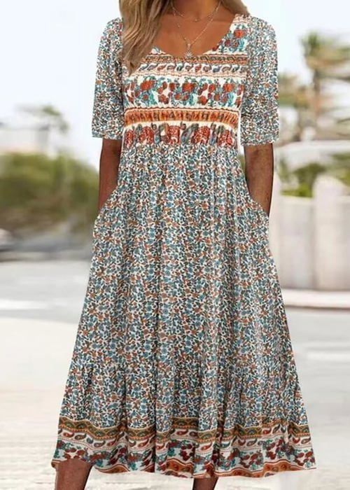 Robe Longue Femme Boho Chic Col Rond Sans Manches Imprimée Rayée - Robe Été Élégante