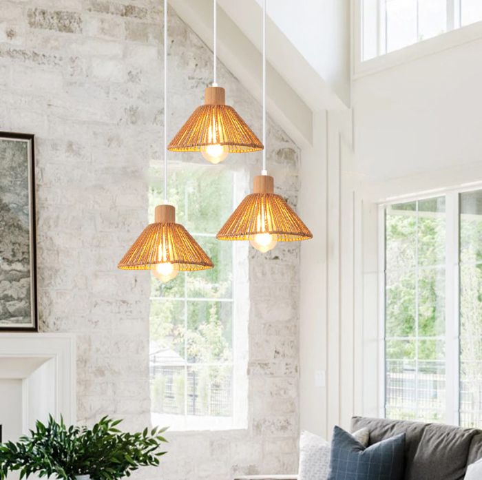 iDEGU 3lampes Suspension Luminaire Industriel E27 Lampe de Plafond Vintage en Rotin et Bois Style Rural Pastoral pour Salon Chambre