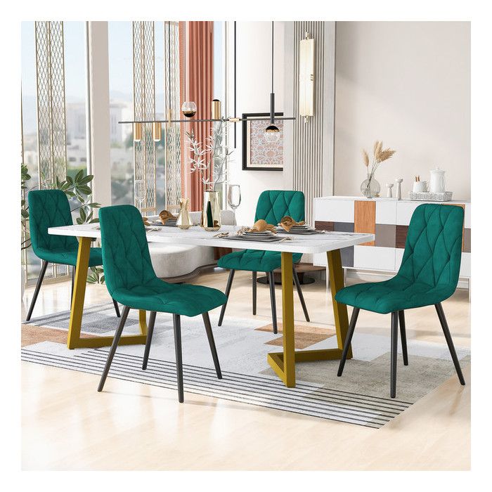 Table a Manger avec 4 Chaises en Velours Twill Vert Foncé Ensemble Table et Chaises Salle a Manger 117x68 cm Pieds de Table Dorés