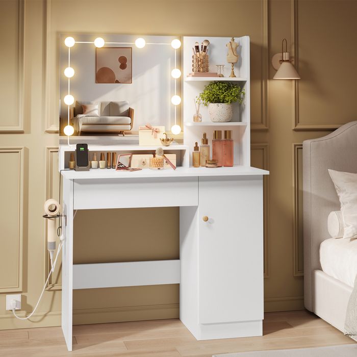 Coiffeuse Avec Miroir Lumineux LED – 10 Ampoules, 3 Modes Lumière, 7 Tiroirs + 4 étagères | Prises USB Et Support Sèche-cheveux | Noir Moderne - 10