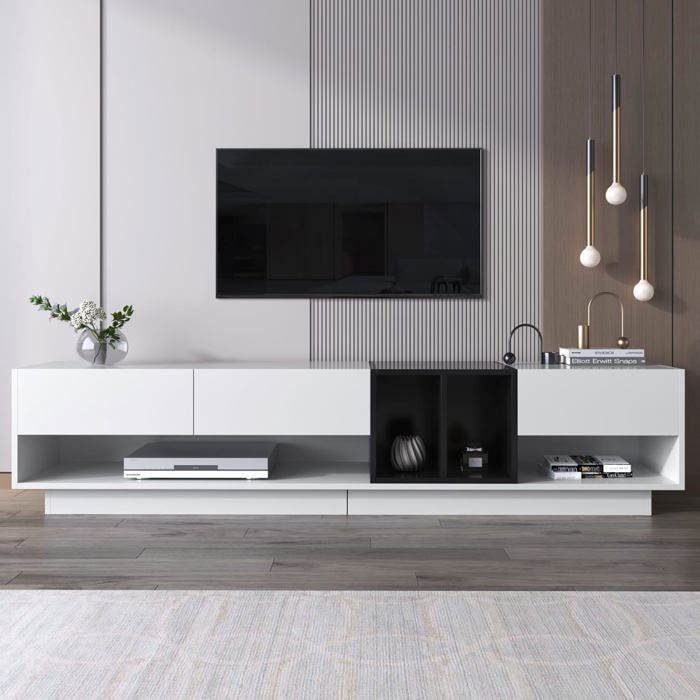 Meuble TV Bas avec 3 tiroirs et étagères de Rangement Ouvertes Meuble télé Meuble TV Blanc pour Salon et Chambre à Coucher