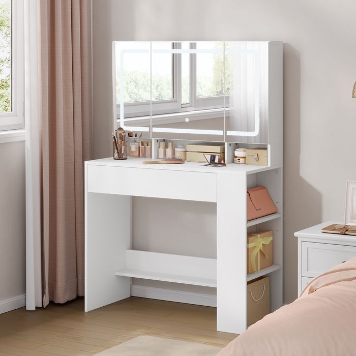 Coiffeuse WOLTU 2 en 1- Eclairage LED réglable - Rangement combiné - Reflet professionnel des couleurs - Blanc