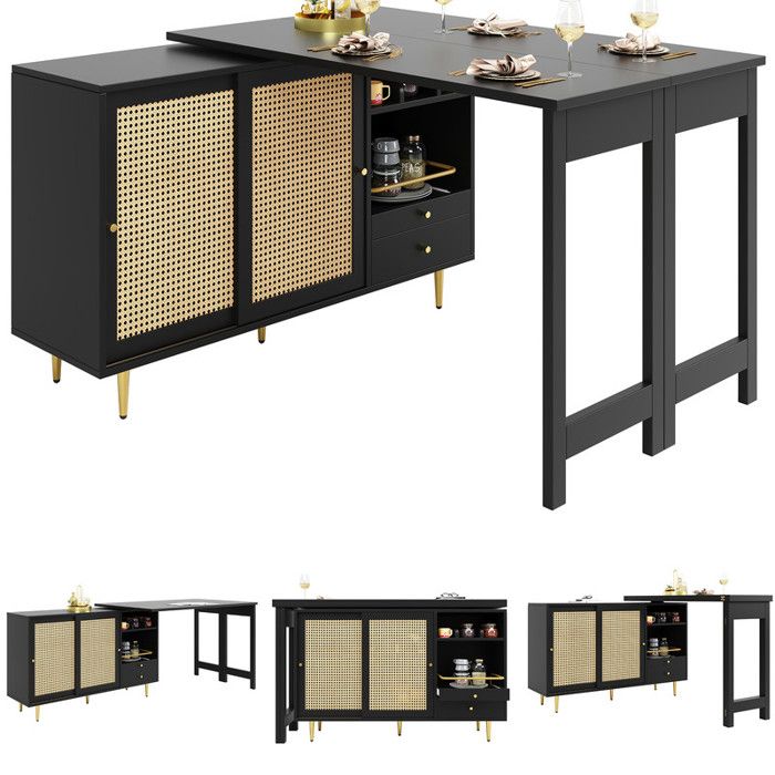 Table de bar pivotante à 360° table de bar design extensible noirearmoire de rangement avec porte en rotin + étagère de rangement