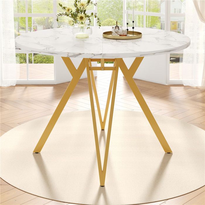 Table Salle à Manger Ronde Blanche 100 cm Effet Marbre Table Ronde Salle Manger 4 Personnes Moderne Pied en Métal Doré Stabilite
