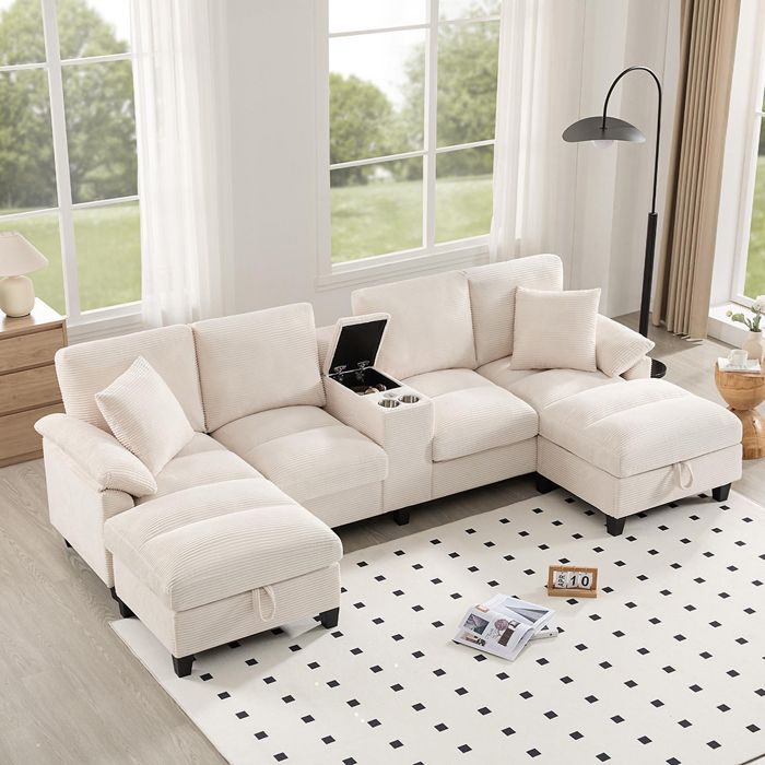 Canapé dangle en U - Canapé 4 Places - USB - Espace de rangement - Porte-gobelets en Acier Inoxydable - Velours côtelé Beige