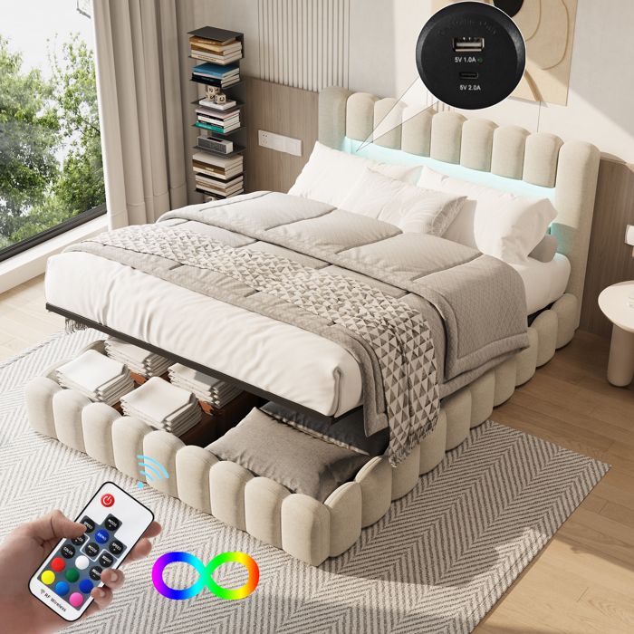 Lit double 180x200 cm - SUNFECILI - Beige - Avec bande lumineuse LED - Chargement USB - Tête de lit incluse