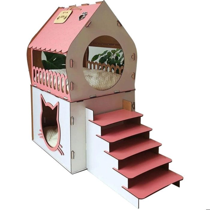 Meilleurs prix pour Maison pour chat XL 2 étages rose pink avec escalier habitat intérieur MDF découpé laser sans vis ni colle 65x70x39 cm