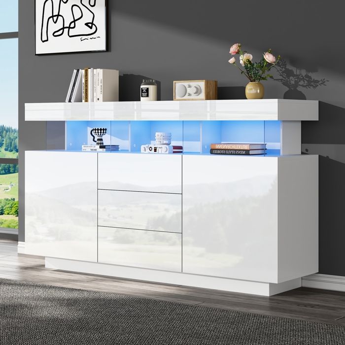 Buffet moderne - armoire de salon -haute brillance - bar à café - acrylique avec bande lumineuse LED- adapté à la à manger-(blanc)