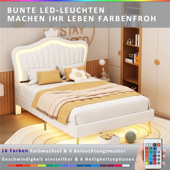 Lit Enfant 90x200 cm Cadre de Lit pour Fille Double Couronne en Cuir PU avec Lampes LED Sommier a Lattes et Dossier Blanc