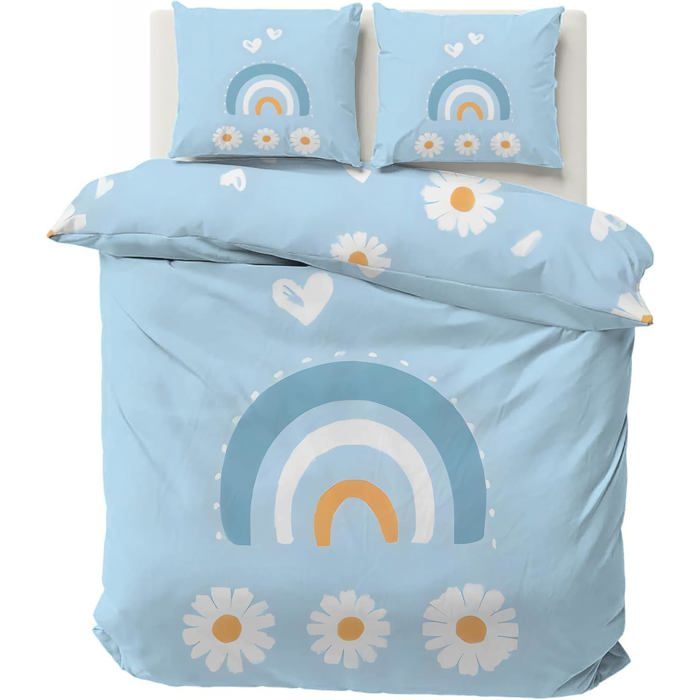 Housse de Couette 140x200 Enfant 1 Personne Fille Arc-en-Ciel Parure de Lit Fleur Imprimée Motif avec 2 Taies doreiller 65x65cm