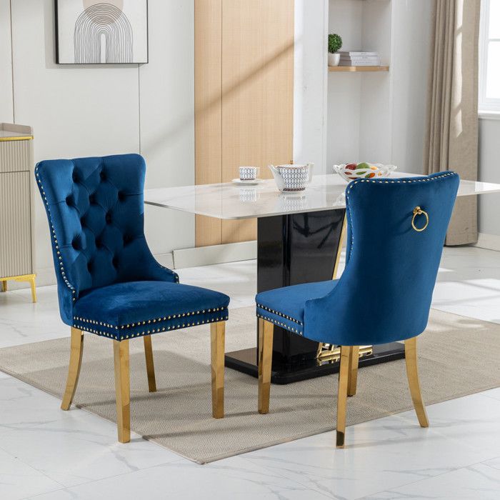 Lot de 2 Chaises de salle à manger contemporaine avec revêtement velourspieds en acier inoxydable chromé doréornées de clous bleu
