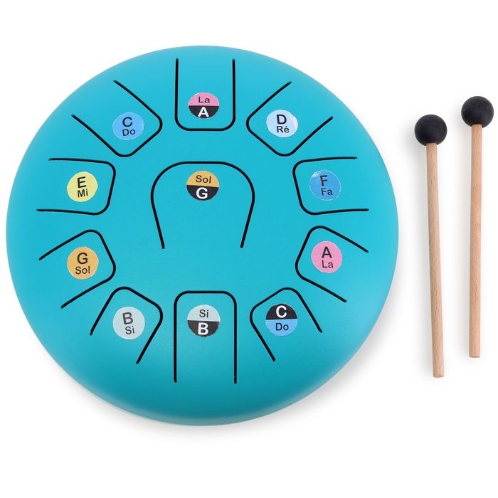 Instrument de musique - VILAC - Tongue Drum métal 11 notes - 11 notes Do majeur - Diamètre 20 cm - 2 baguettes + 14 partitions
