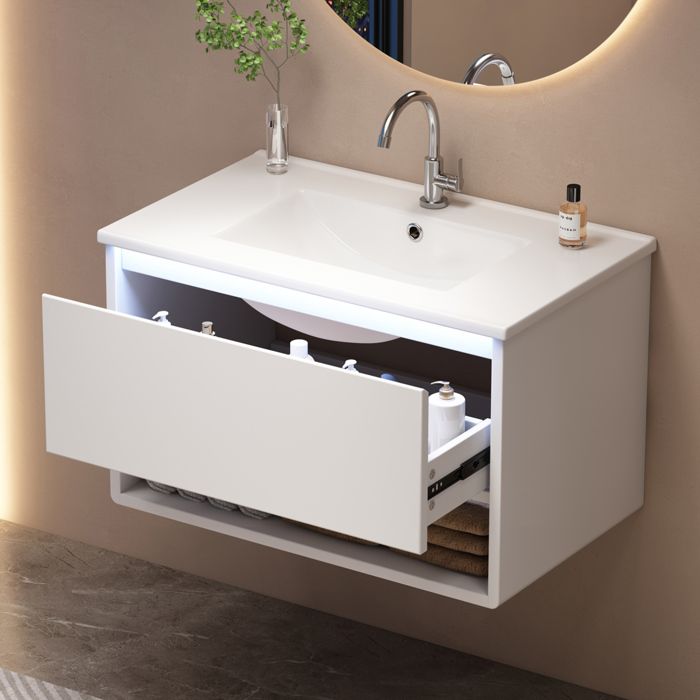 HOMVRA Meuble sous vasque suspendu 765x46x45 cm - Meuble salle de bain avec LED 1 tiroir et vasque en céramique - Blanc