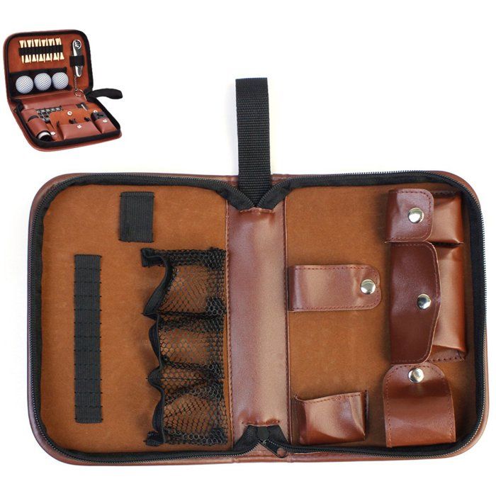 Pochette De Rangement Golf En Cuir Étui Accessoires Et Outils Avec Compartiments Et Fermeture Éclair Marron 22 5x16x5 cm