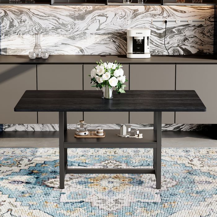 Table à manger rectangulaire noire 160 x 90 x 76 cm style industrie pour 4-6 personnes étagère de rangement pieds métal salon chic