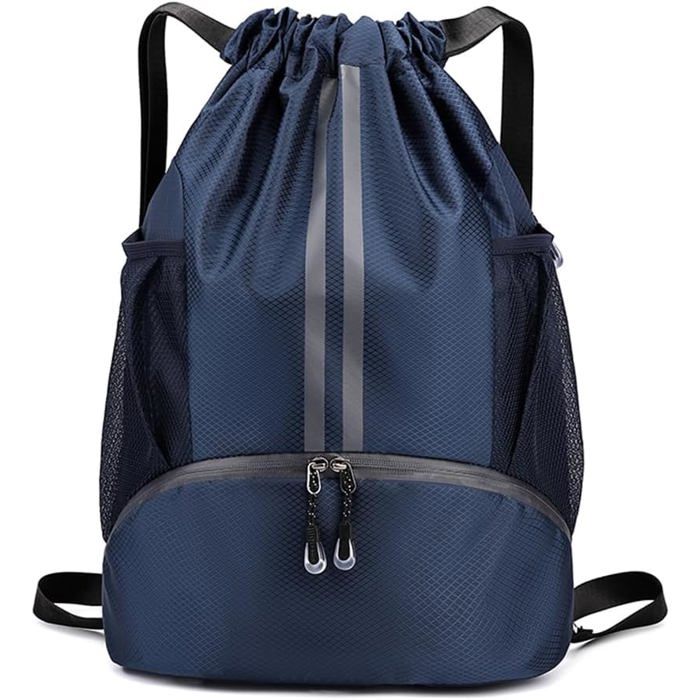 Sac à Dos avec Cordon pour Homme Femme Sac de Sport à Cordon avec Compartiment Chaussures et Poche Humide pour Football et B - Bleu