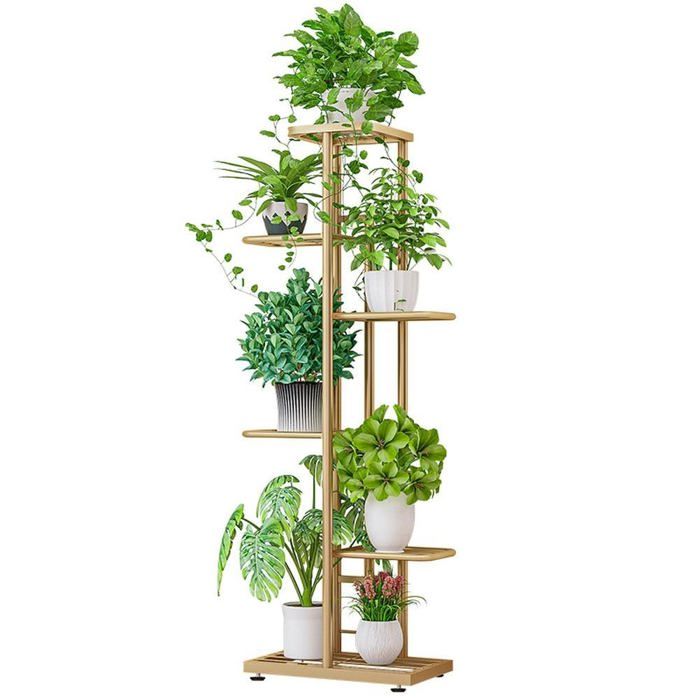 Support D’étagère à Plantes D’angle 6 Niveaux Présentoir Haut 7 Pots Intérieur/Extérieur Balcon Salon Jardin Doré