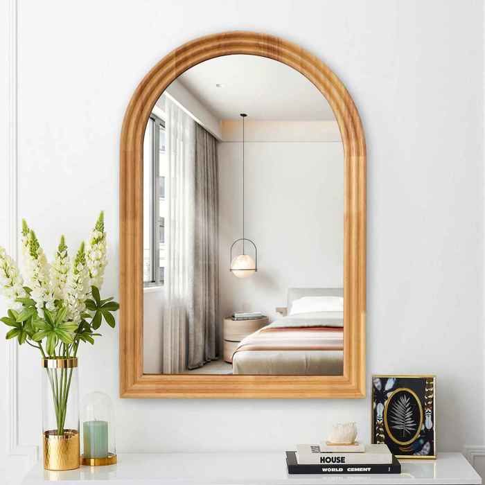 Miroir de salle de bain incurvé miroir de maquillage 50 x 80 cm cadre en bois massif miroir haute définition verre incassable