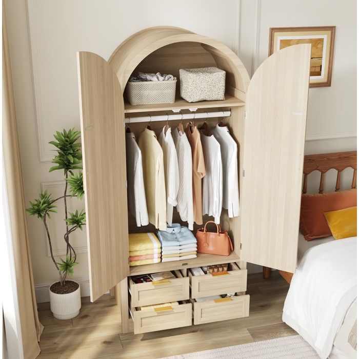 MEUBLIV Armoire 2 portes avec 4 tiroirs penderie et étagères MDF décor chêne clair 80 x 50 x 179 cm