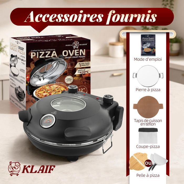 KLAIF Four à Pizza Électrique Noir 12 Pouces 425°C 1200W Double Contrôle Haut/Bas Pierre Céramique Kit Pizza Complet
