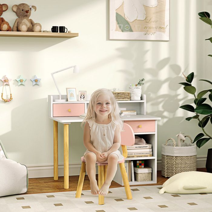 Ensemble bureau enfant avec chaise tiroirs compartiment et étagères rose et blanc
